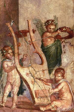 Herculaneum: Herculaneum - Lyre and Cupids; archaeological view, find or museum context connected with the site, Roman period or local archaeological context.
