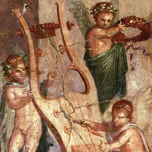 Herculaneum: Herculaneum - Lyre and Cupids; archaeological view, find or museum context connected with the site, Roman period or local archaeological context.