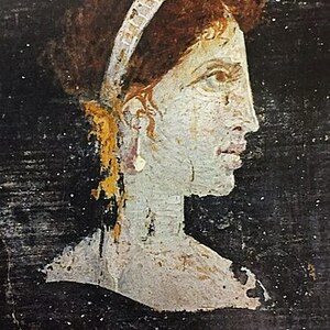 Herculaneum: Posthumous painted portrait of Cleopatra VII of Egypt, from Herculaneum, Italy; archaeological view, find or museum context connected with the site, Roman period or local archaeological context.