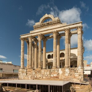 Augusta Emerita / Merida: Temple of Diana in Mérida; archaeological view, find or museum context connected with the site, Roman period or local archaeological context.