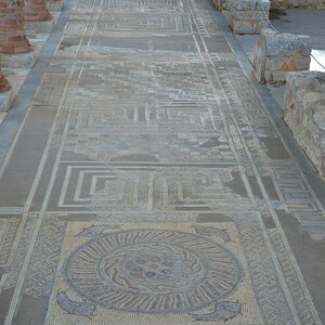 Конимбрига: Mosaic floor in the House of the Fountains with fish, geometric pattern and labyrinths,...; предмет материальной культуры или музейная находка, связанный с памятником, римский период или локальный археологический контекст.