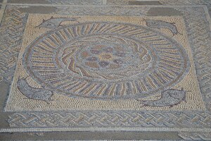 Conimbriga: Mosaic floor in the House of the Fountains with fish, Conimbriga, Lusitania, Portugal; material-culture object or museum find connected with the site, Roman period or local archaeological context.