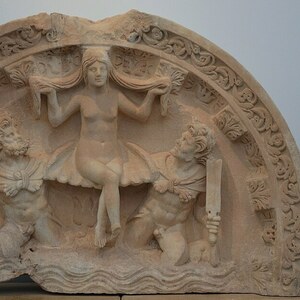 Aphrodisias: Relief depicting the birth of Aphrodite (Aphrodite Anadyomene), Aphrodisias Museum, Turkey; material-culture object or museum find connected with the site, Roman period or local archaeological context.