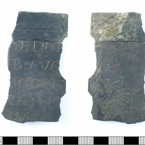 Two fragments of a Roman plaque with inscription. Экспонат из собрания: Музей Виндоланды.