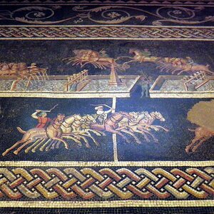 The restored Circus Games Mosaic depicting a chariot race in quadrigas, 2nd century AD, from Lugdunum, Musée gallo-romain de Fourvière, Lyon (9191588535). Экспонат из собрания: Лугдунум: музей и римские театры.
