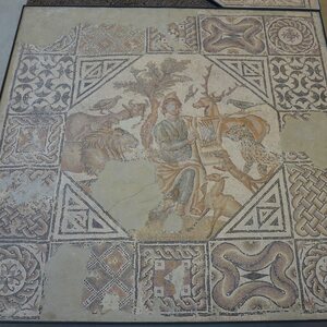 Mosaic pavement depicting Orpheus playing the lyre encircled with charmed animals, discovered in 1934 in Trinquetaille (Arles), 3rd-4th century AD, Musée de l'Arles antiq. Экспонат из собрания: Музей античного Арля.