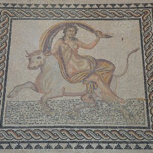 Mosaic pavement depicting Europa being carried across the sea by the bull-shaped god Zeus, found ca. 1900 in Trinquetaille (Arles), end of 2nd century - beginning of 3rd . Экспонат из собрания: Музей античного Арля.