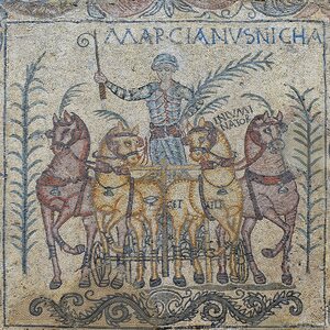 Roman mosaic of a victorious charioteer called Marcianus depicted commanding a quadriga (a four-horse chariot), 4th century AD, National Museum of Roman Art, Mérida. Экспонат из собрания: Национальный музей римского искусства в Мериде.
