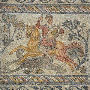 Mosaic depicting a hunter, possibly the owner of the estate, with a panther, from the Roman Villa "Las Tiendas", mid 4th century AD, National Museum of Roman Art, Mérida . Экспонат из собрания: Национальный музей римского искусства в Мериде.