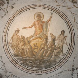 Triumph of Neptunus mosaic in the Bardo National Museum 26 01 2014 (cropped). Object from the collection: Bardo National Museum.