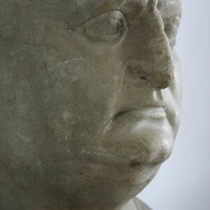 Statue of Aulus Vitellius in Bardo, three-quarter view. Object from the collection: Bardo National Museum.