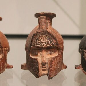 Three warrior head vases Ashmolean. Object from the collection: Ashmolean Museum: Antiquities.