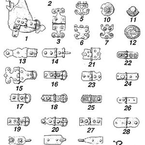 A sketch, depicting Corbridge lorica segmentata finding parts, Drawings from Roman Military Equipment by Bishop & Coulston, Edition 2, 2006 © M.C. Bishop