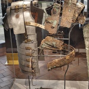 Lorica segmentata in the Corbridge museum. The Corbridge type of armour takes its name from finds in this assemblage.