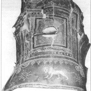 Fragment of a painted shield from Dura-Europos. Finds of this kind matter not only for shield form but also as rare evidence for surviving colour.